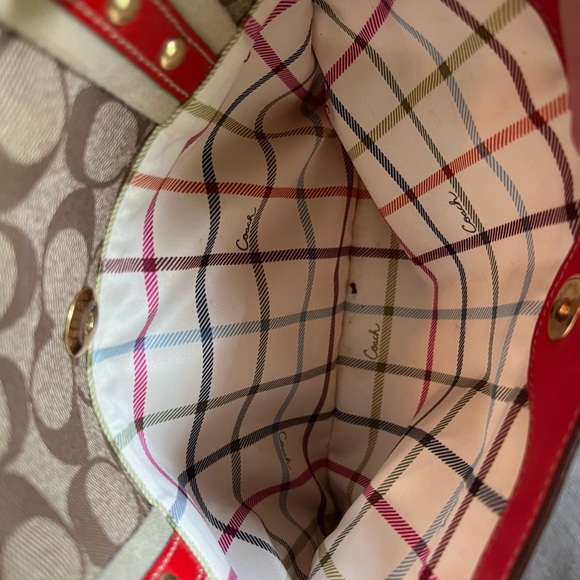 Coach Signature Monogram Orange and Tan Patent Leather Tote Shoulder Bag Y2K - Picture 9 of 13